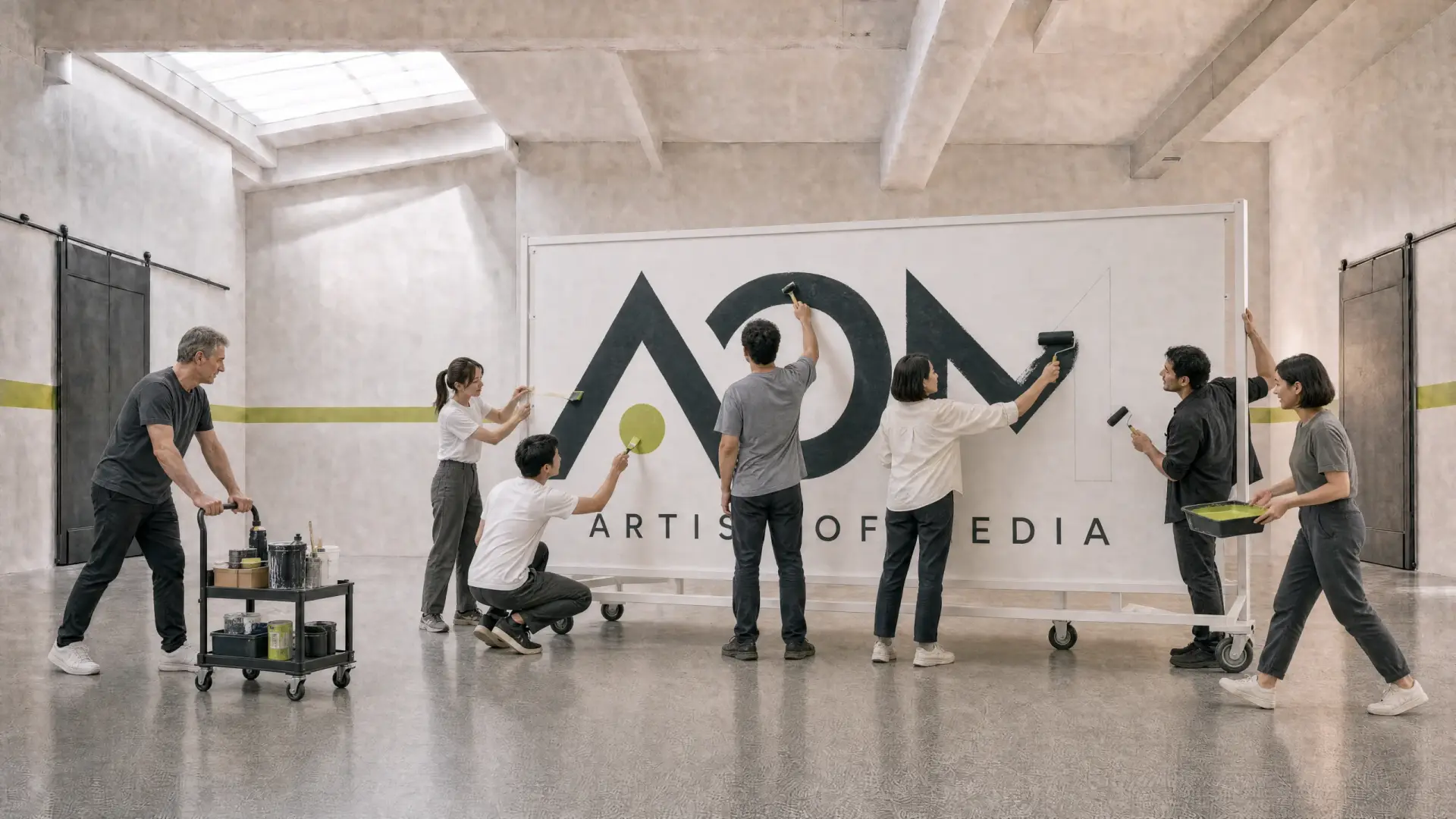 KI-generiertes Team gestaltet das AOM-Logo auf einer weißen rollbaren Plakatwand