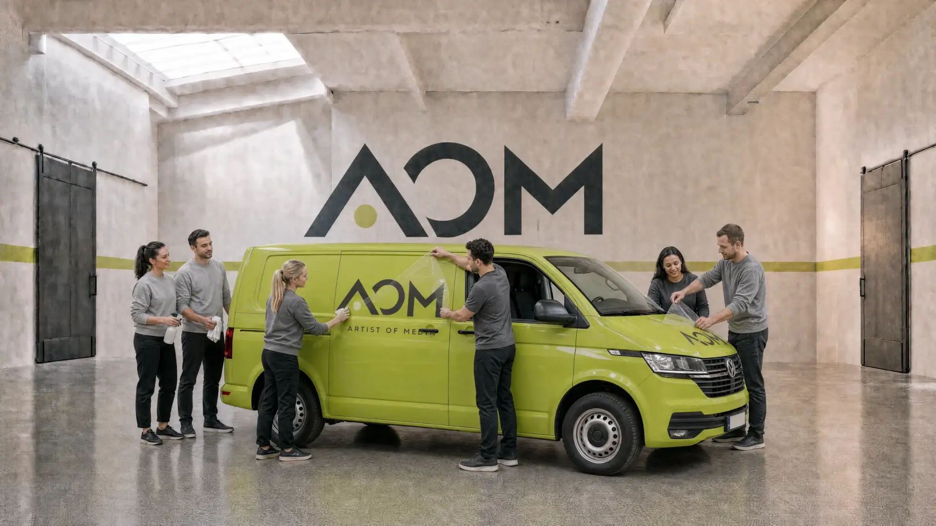 KI-generierte Logoübertragung auf Motorhaube und Seitentür eines kurzen folierten Transporters
