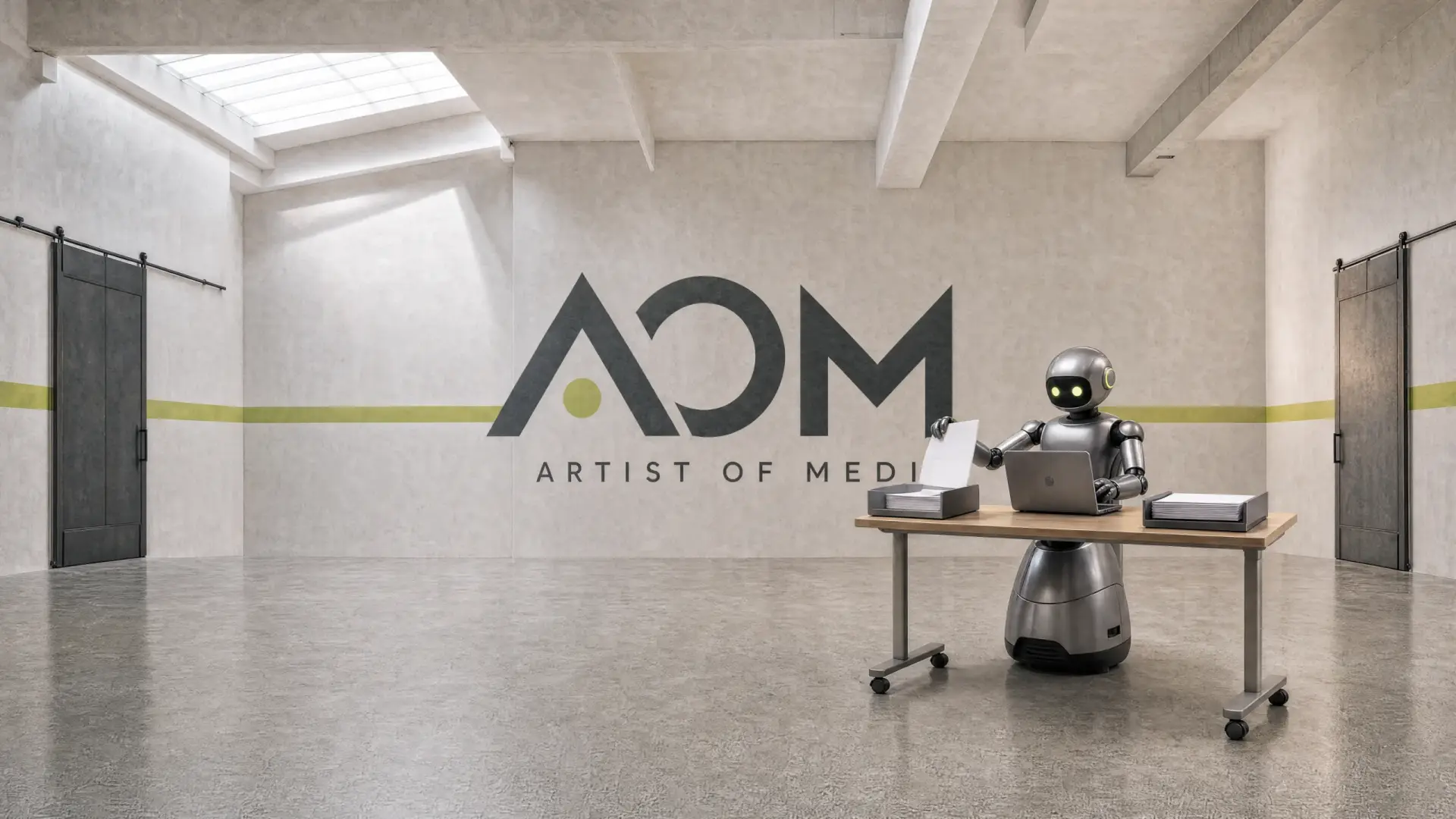 KI-generierter kleiner Büro-Roboter ordnet Unterlagen am Schreibtisch