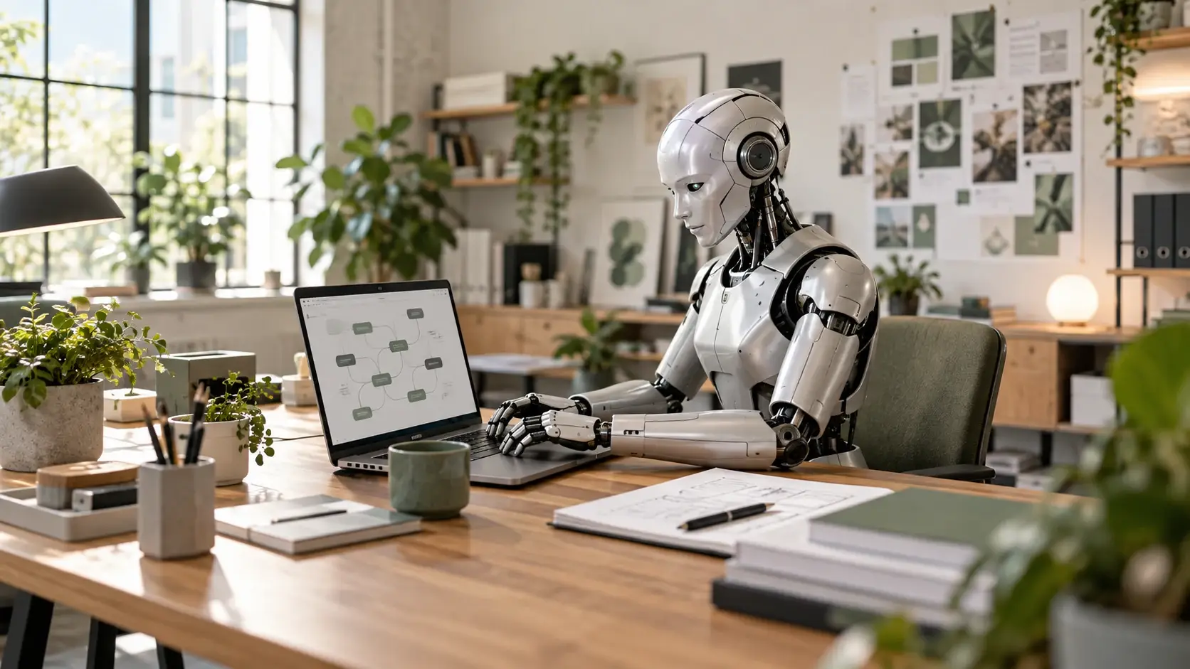 Illustrative Szene: Silberner Roboter arbeitet am Laptop