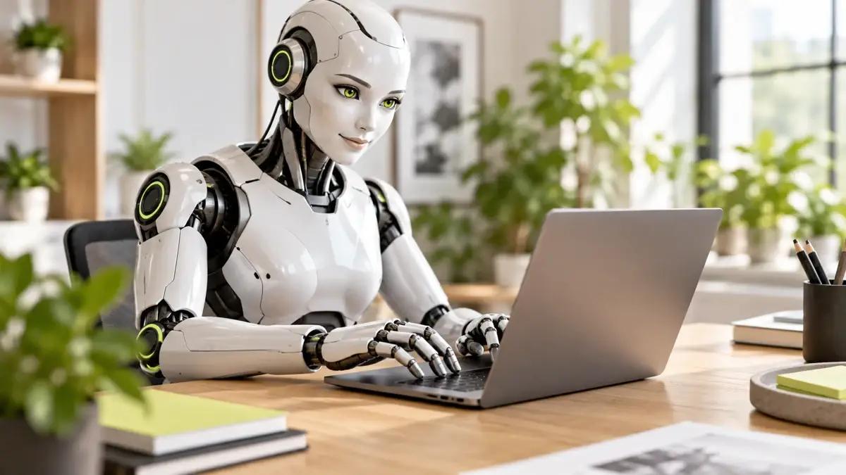 Illustratives KI-Fotomotiv: Cyborg am Laptop für KI und Automatisierung