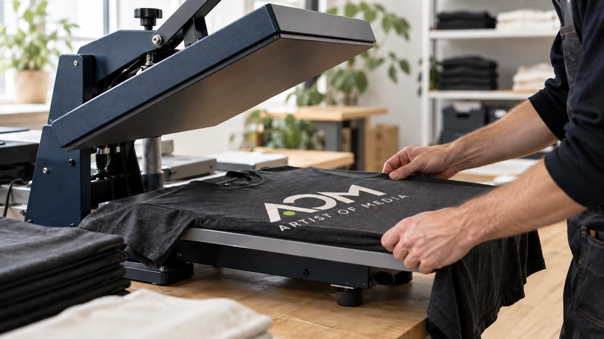 Illustratives KI-Fotomotiv: Textildruck mit AOM-Logo auf dem T-Shirt