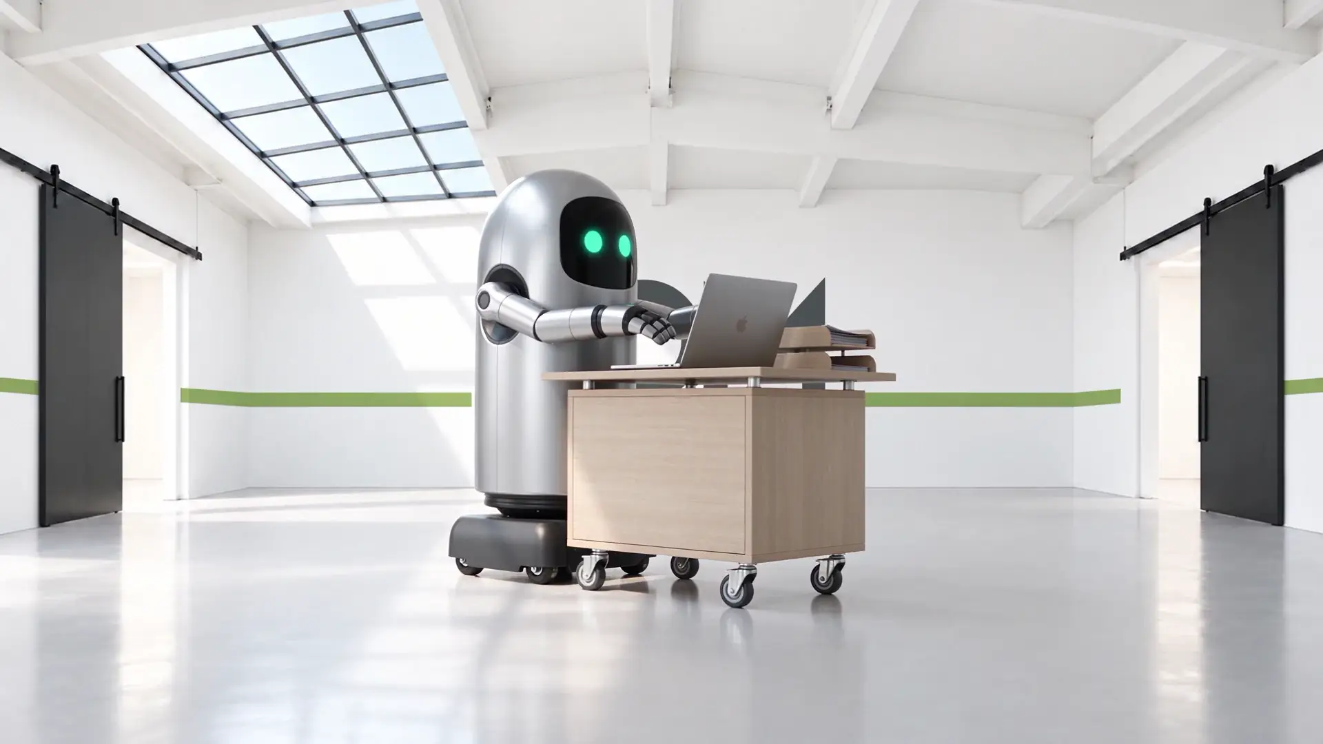 KI-generierter Roboter am rollenden Holztisch